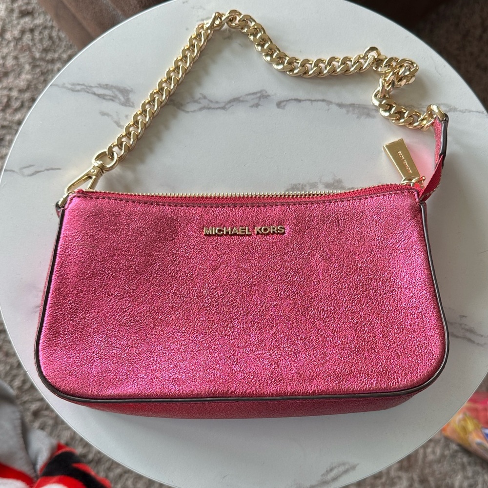 Michael Kors Pink Metallic Chain Wristlet Clutch